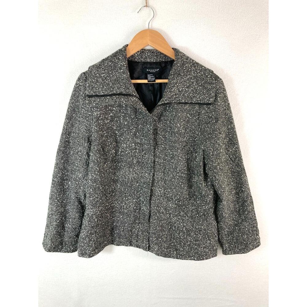 Sandro Sportswear Blazer Jacket Womens Large  Tweed Black White Zip Up